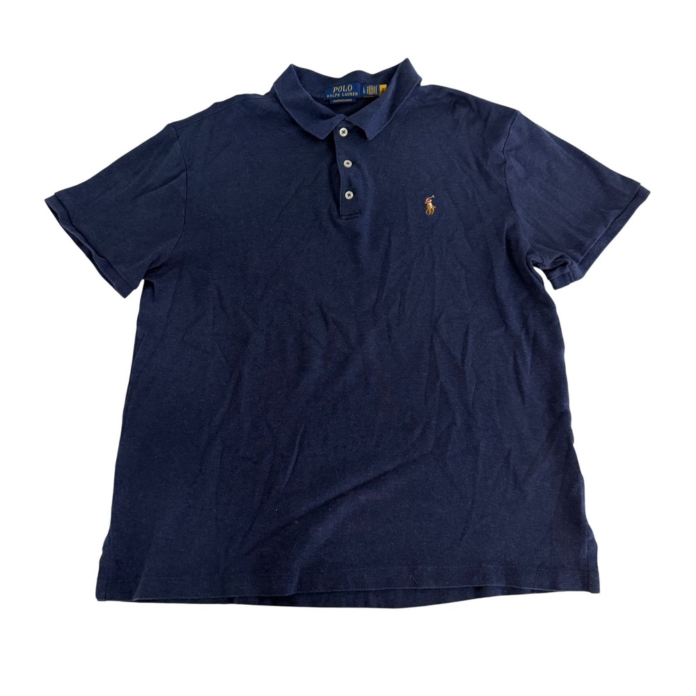 Polo Ralph Lauren Polo Shirt Mens Large Custom Slim Fit‎ Short Sleeve Navy Blue